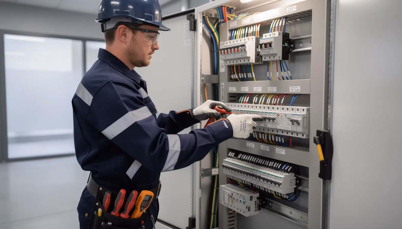 A professional electrician in work clothes is focused on an electrical panel, using various tools to perform electrical repairs and inspections. The technician is ensuring the safety and functionality of the home's electrical system, which includes checking circuit breakers and identifying any potential hazards.