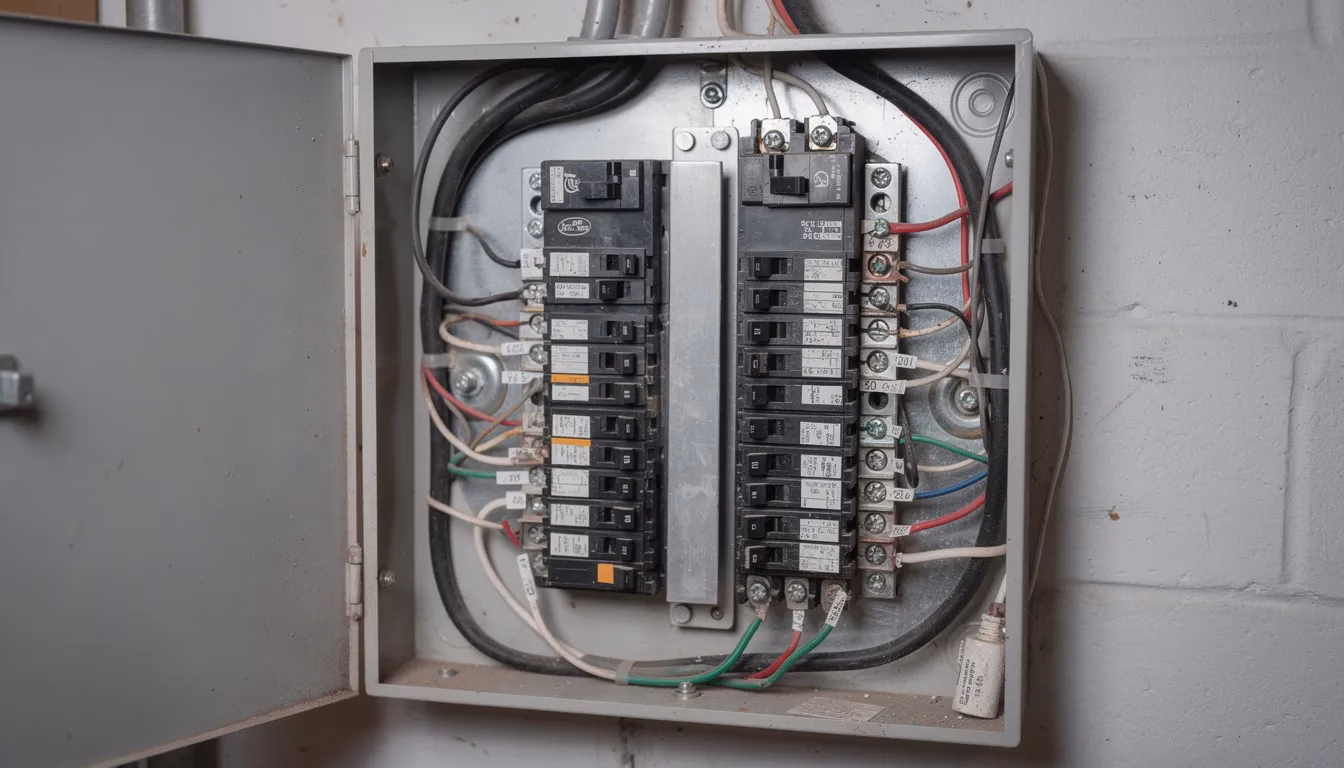 The image shows an open residential electrical service panel with neatly arranged rows of circuit breakers, which are essential components of the home's electrical system. This panel allows for the distribution of electricity to various electrical devices and appliances throughout the house.