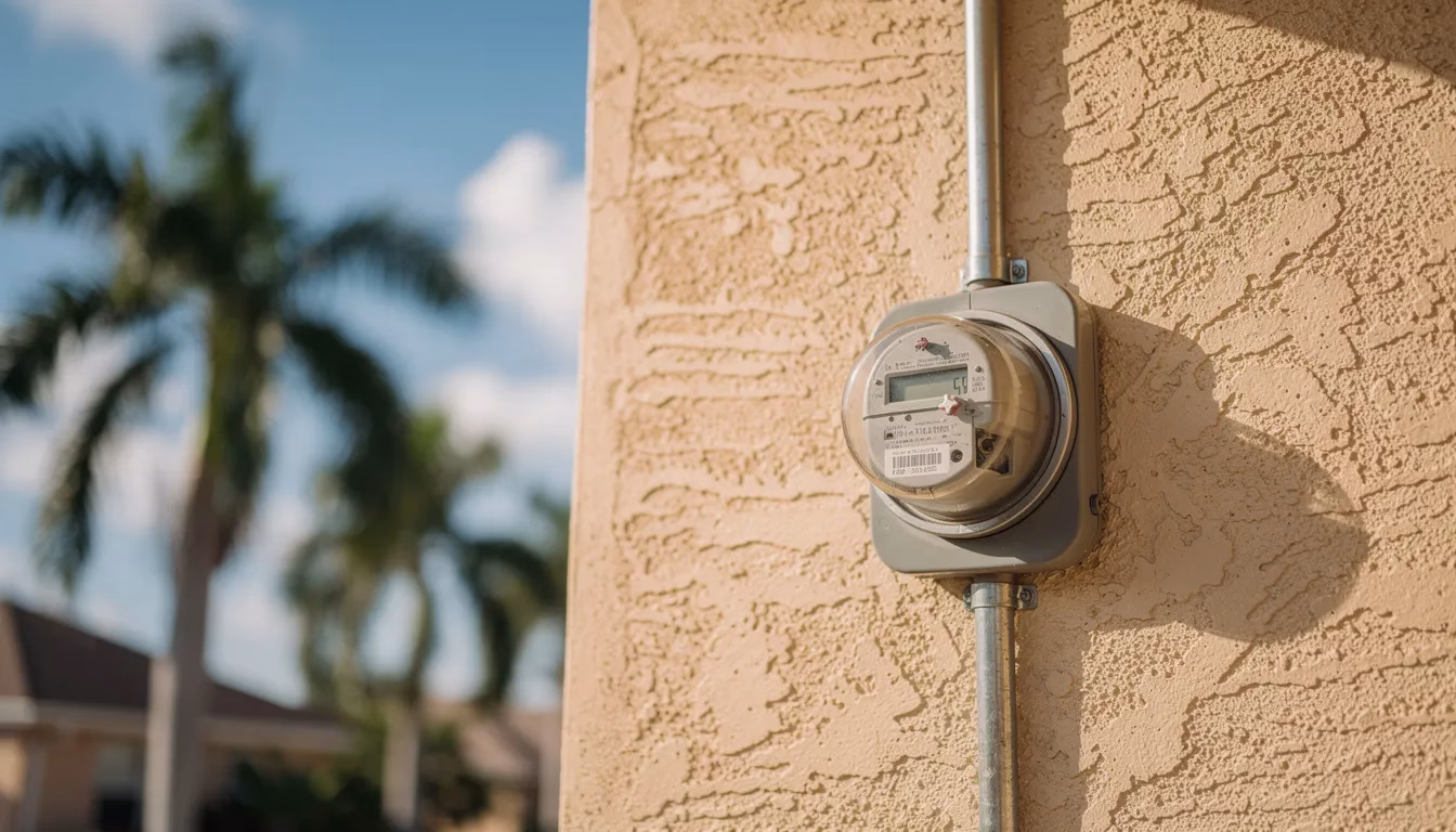 Home Electric Service The image shows a residential electric meter mounted on the exterior of a Florida stucco home, with palm trees in the background. This electric meter is a crucial part of the home's electrical system, measuring the electricity usage for the entire property.