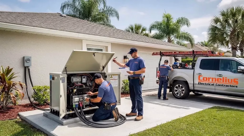 A team of professional electrical contractors is seen installing a Kohler standby generator on a concrete pad next to a single-story Florida home, ensuring reliable electricity during power outages and severe weather. The installation includes a transfer switch for seamless energy solutions, providing homeowners with worry-free access to power when needed.
