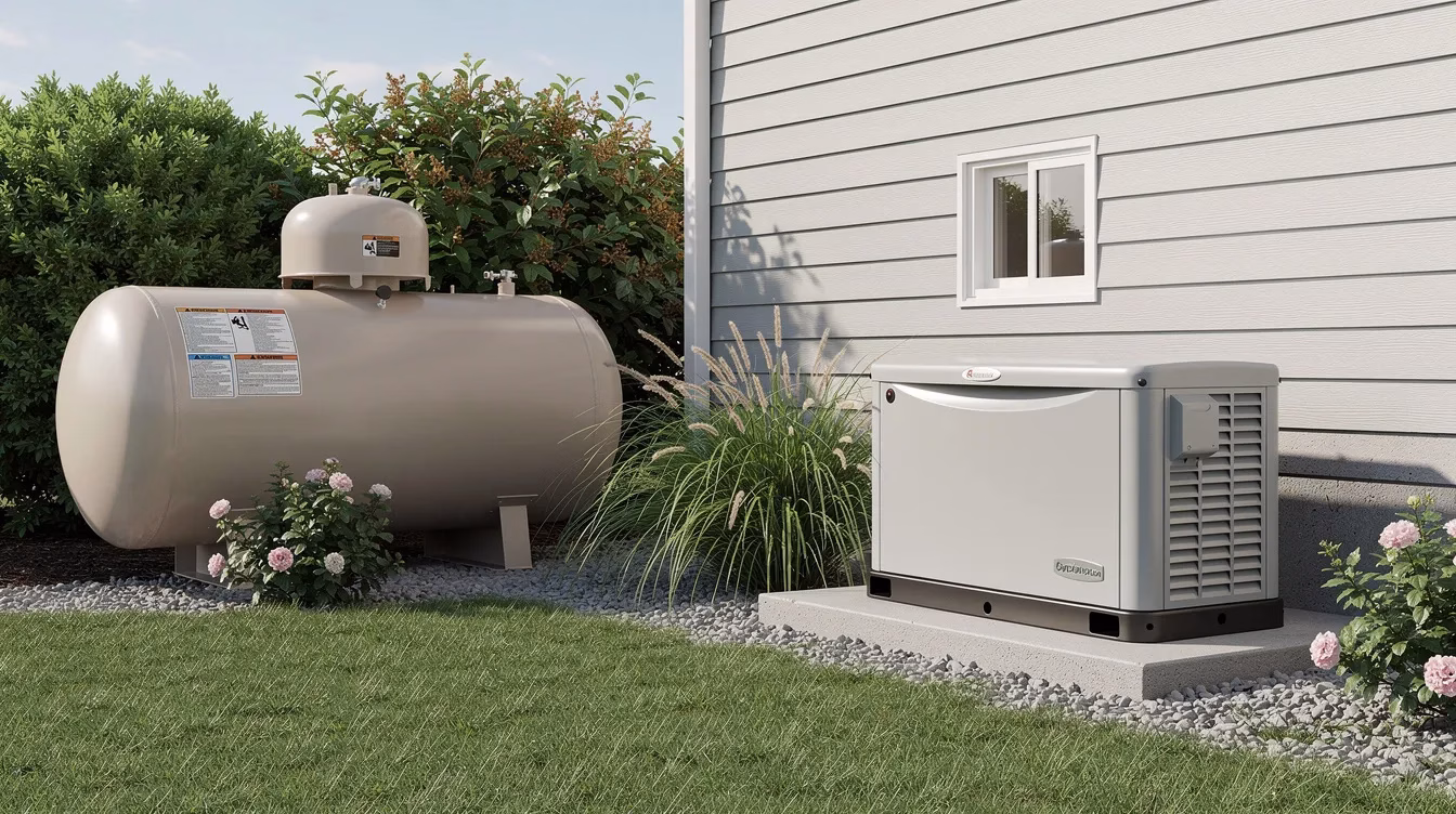 The image shows a large residential propane tank, partially concealed by landscaping, positioned next to a Kohler home standby generator unit. This setup is designed to provide reliable energy solutions during power outages, ensuring electricity access even in severe weather conditions.